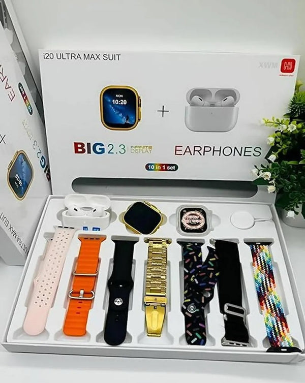i20 Ultra 2 Max Smartwatch with Earbuds – 10-in-1 Suit | Touch Screen | Mobile Connectivity | Gold, Black, Silver